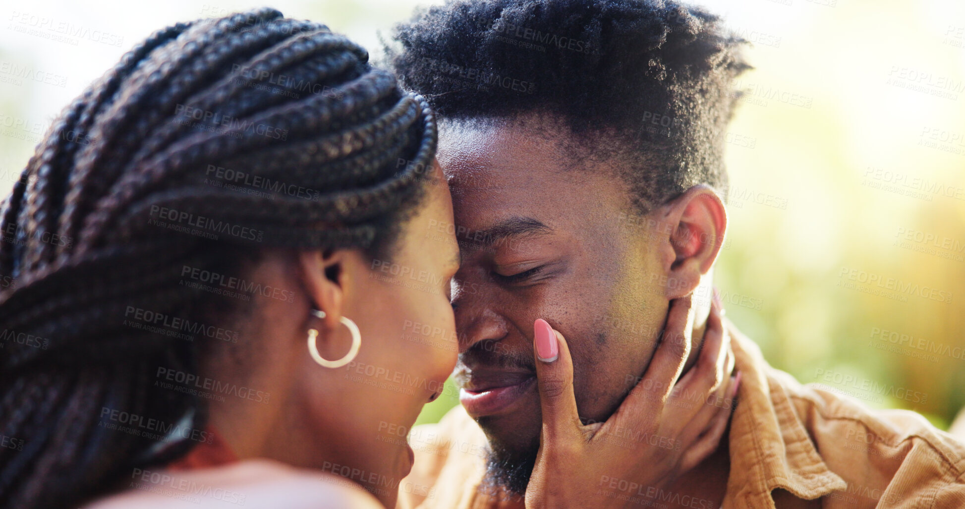 Buy stock photo Happy, forehead touch and black couple in park together for bonding, relationship and affection in nature. Relax, dating and man and woman outdoors for romance, embrace and commitment on weekend