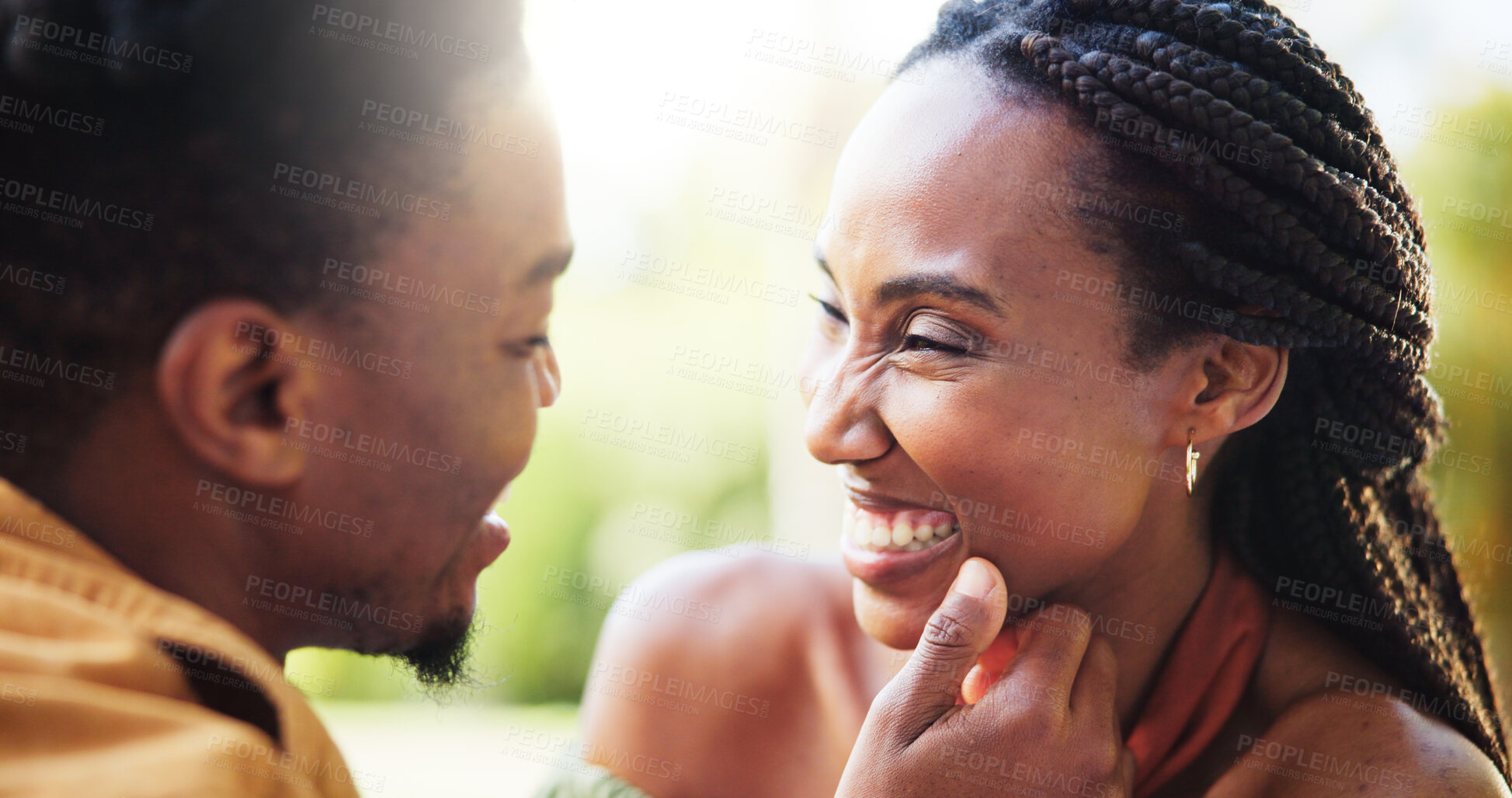 Buy stock photo Happy, love and black couple in park laughing together for bonding, relationship and affection in nature. Relax, dating and man and woman outdoors for romance, talking and commitment on weekend