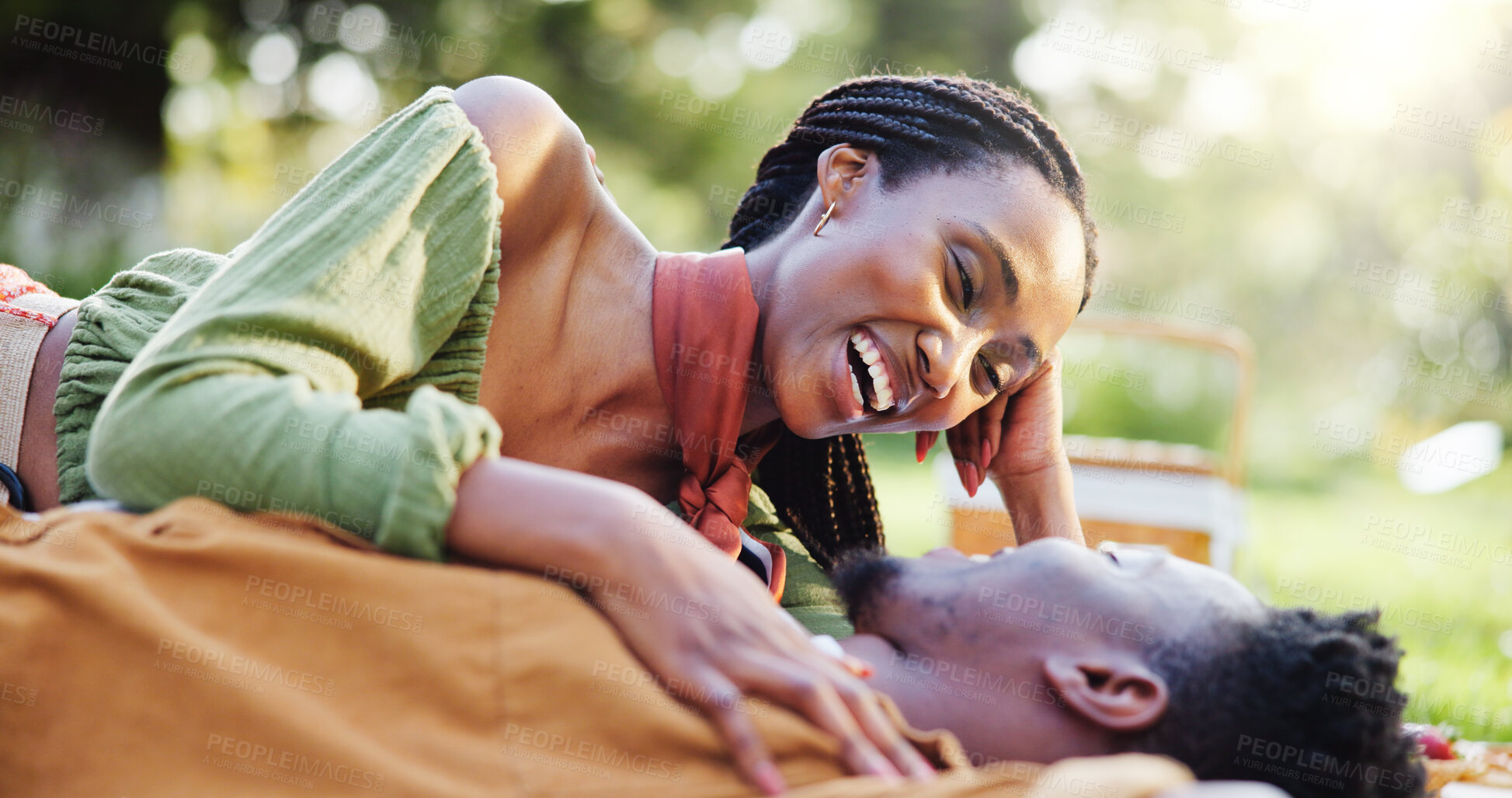 Buy stock photo Laugh, nature and love with black couple and picnic for bonding, happiness and romantic date. Funny, support and conversation with man and woman at park for commitment, valentines day and summer