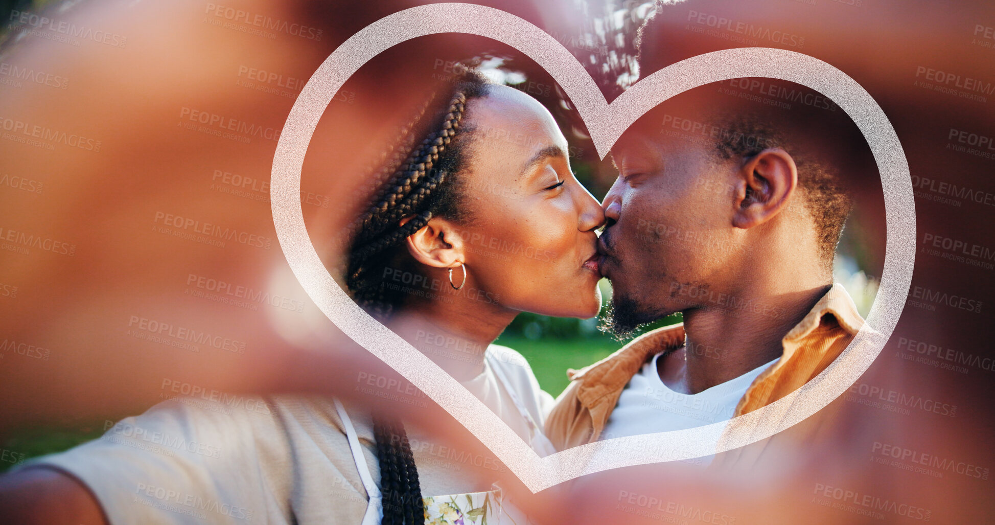 Buy stock photo Black couple, heart and hands with kiss in park with graphic for love, trust and care outdoor. Hope, icon and emoji sign with people, valentines day and save the date for wedding announcement