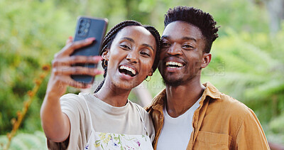 Buy stock photo Black couple, outdoor and selfie in park with holiday, love and care together with social media and smile. Happy, people and bonding on summer vacation with profile picture in garden on website