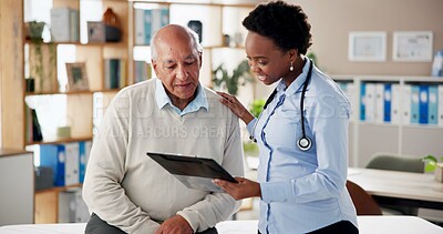 Buy stock photo Hospital, clipboard and doctor with old man for consulting, medical service and diagnosis. Healthcare, clinic and woman with senior patient with paperwork for medicare, insurance and prescription