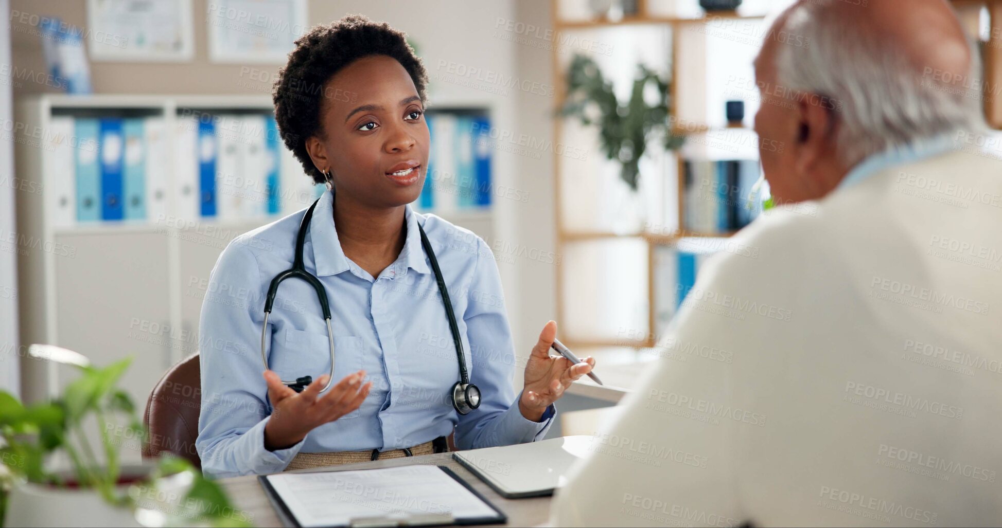 Buy stock photo Woman, doctor and consulting with senior patient for medical insurance, application or registration at office. Female person, cardiologist or healthcare worker explaining health survey with client