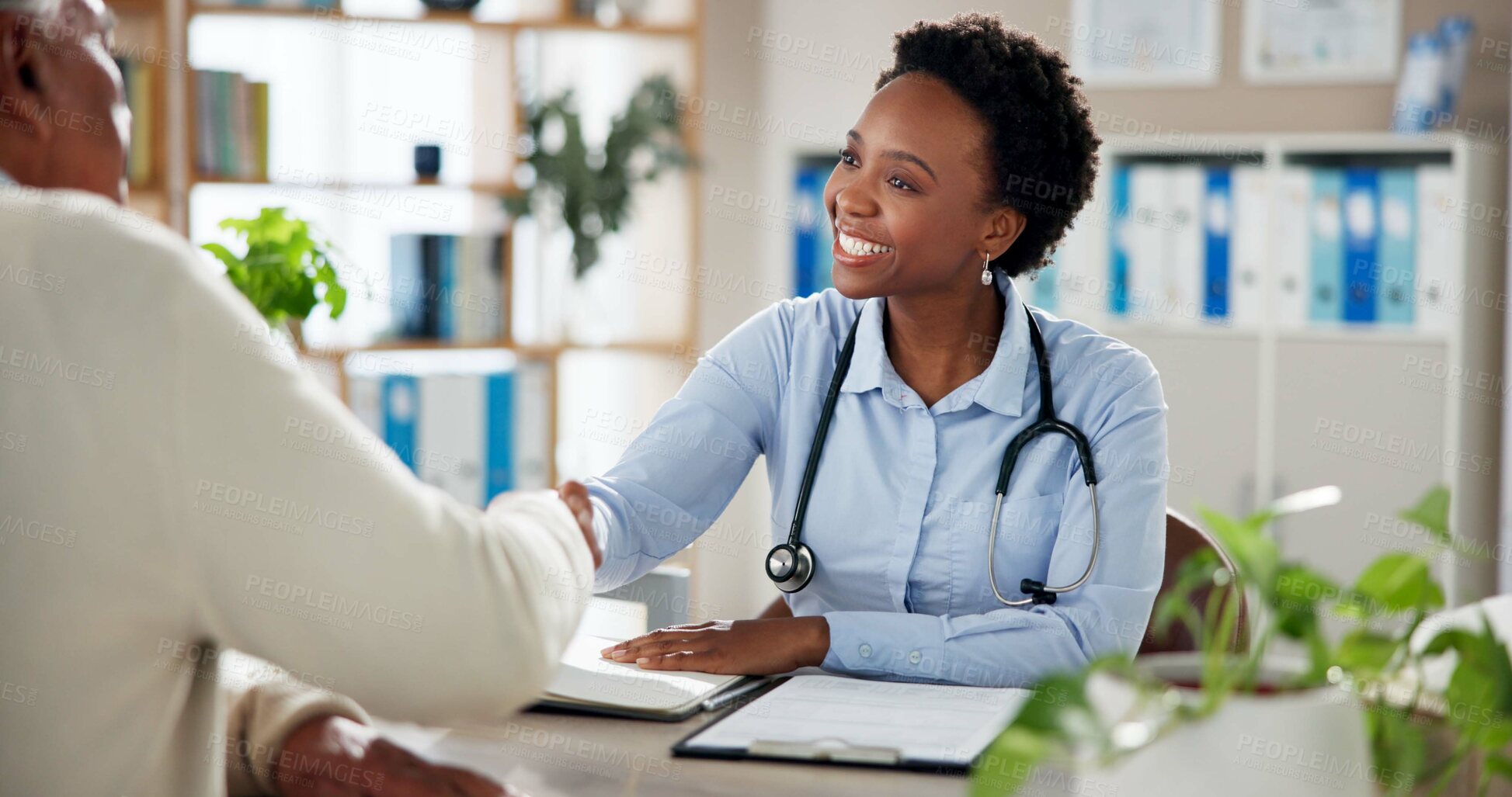 Buy stock photo Happy woman, doctor and patient with handshake for consultation, medical insurance or application at office. Female person, cardiologist or healthcare worker shaking hands with client for health form