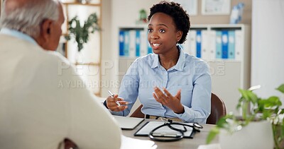 Buy stock photo Woman, doctor and consulting with elderly patient for medical insurance, application or registration at office. Female person, cardiologist or healthcare worker explaining health survey with senior
