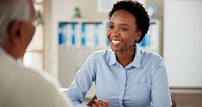 Buy stock photo Black woman, employee and happy with senior customer at office for retirement and pension plans as financial advisor. Female person, people and smile with client as for will consultation service