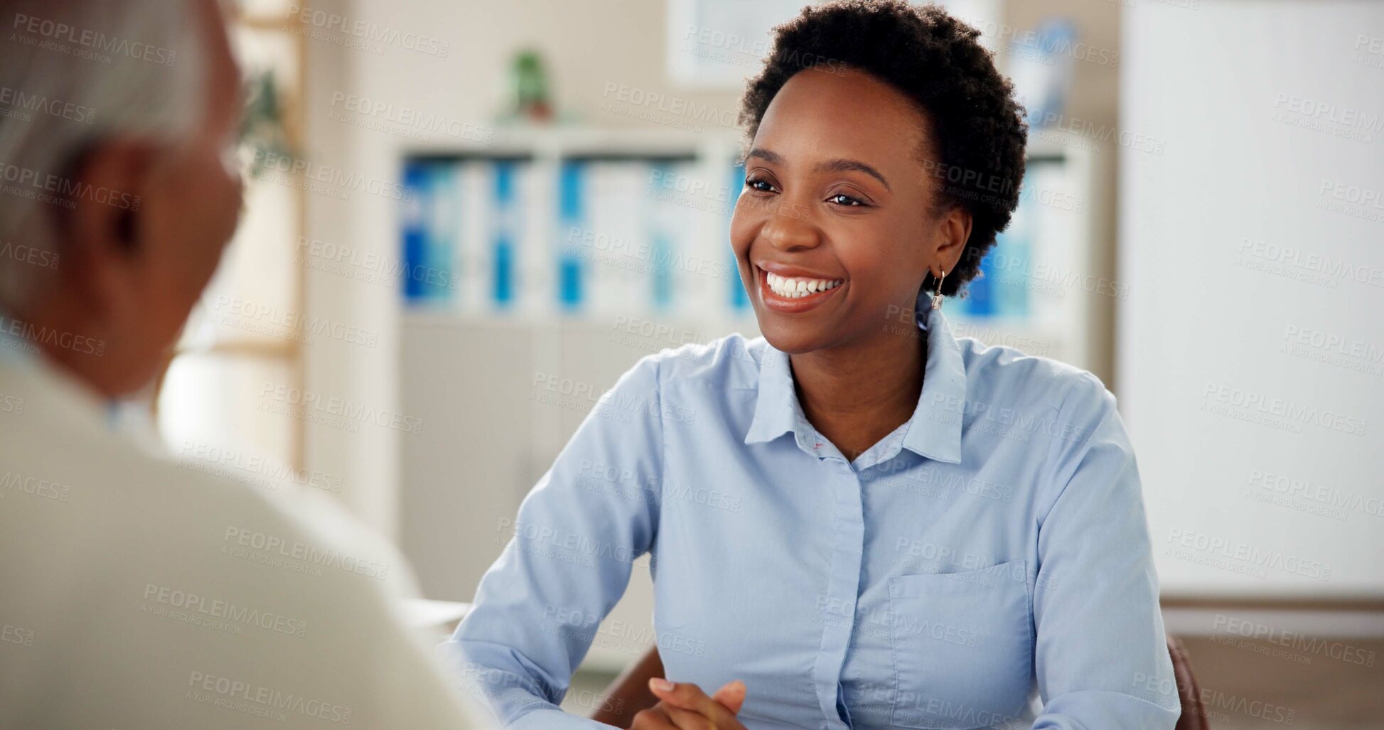 Buy stock photo Black woman, employee and happy with senior customer at office for retirement and pension plans as financial advisor. Female person, people and smile with client as for will consultation service