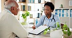 Woman, doctor and patient with contract for medical aid, life insurance or application at clinic. Female person, healthcare employee or explaining form for health survey, documents or registration