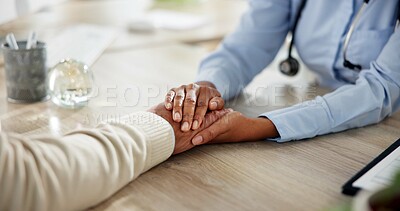 Buy stock photo Advice, doctor and patient holding hands in office for care, kindness and help at clinic consultation. Support, comfort and medical advisor with person for empathy, counseling or hospital healthcare