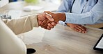 People, doctor and patient with handshake for meeting, consultation or greeting at clinic appointment. Closeup, medical professional and client shaking hands for healthcare, agreement or thank you