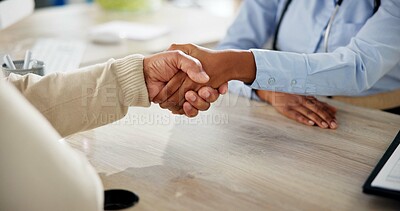 Buy stock photo People, doctor and patient with handshake for meeting, consultation or greeting at clinic appointment. Closeup, medical professional and client shaking hands for healthcare, agreement or thank you