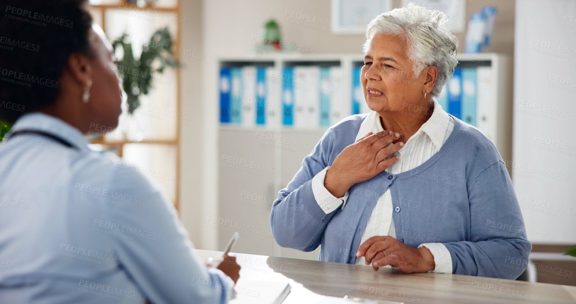 Buy stock photo Consulting, throat and pain with old woman and doctor for healthcare, results or diagnosis. Medical, helping and discussion with people in clinic for treatment plan, checkup and patient exam