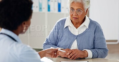 Buy stock photo Consulting, advice and healthcare with old woman and doctor for insurance, results or diagnosis. Medical, helping and discussion with people in clinic for treatment plan, checkup and patient exam