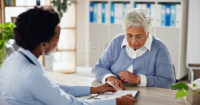 Buy stock photo Consulting, documents and healthcare with old woman and doctor for insurance, results or diagnosis. Medical, helping and discussion with people in clinic for treatment plan, checkup and patient exam