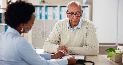 Buy stock photo Hospital, paperwork and doctor with senior man for medical service, results and consulting. Healthcare, clinic and woman with mature patient with clipboard for medicare, insurance and prescription