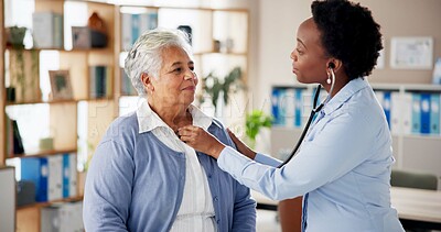 Buy stock photo Woman, doctor and senior person with stethoscope, checkup or medical advice at clinic consultation. Help, healthcare and elderly patient in office with lung test, heart beat or chest exam in hospital