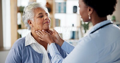 Buy stock photo Hospital, sore throat and doctor with senior woman for medical service, help and treatment. Healthcare, clinic and woman with patient check lymph nodes for health exam, diagnosis and consulting