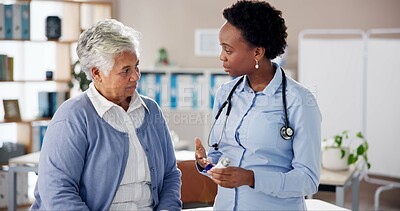 Buy stock photo Doctor, senior woman and explain with inhaler for asma, breathing and services for wellness in retirement. People, medic and elderly patient with pump for lungs, healthcare and guide at hospital