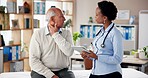 Woman, doctor and senior man with neck pain, checkup or medical advice at clinic consultation. Help, healthcare professional and elderly patient in office with muscle cramp, injury or lymph node ache