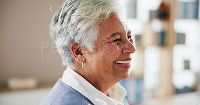 Buy stock photo Hospital, happy and senior woman with hearing aid in consultation, medical service and treatment. Healthcare,  clinic and mature person smile satisfied for wellness, sound implant and audio diagnosis