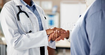 Buy stock photo Care, doctor and patient holding hands in office for advice, kindness and help at clinic consultation. Support, comfort and medical advisor with person for empathy, counseling or hospital healthcare