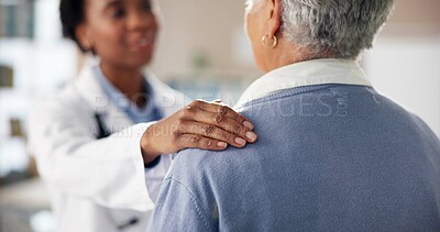 Buy stock photo Advice, woman and doctor with hand on shoulder for care, kindness and service in clinic consultation. Support, comfort and medical advisor with senior person for empathy, help and hospital healthcare