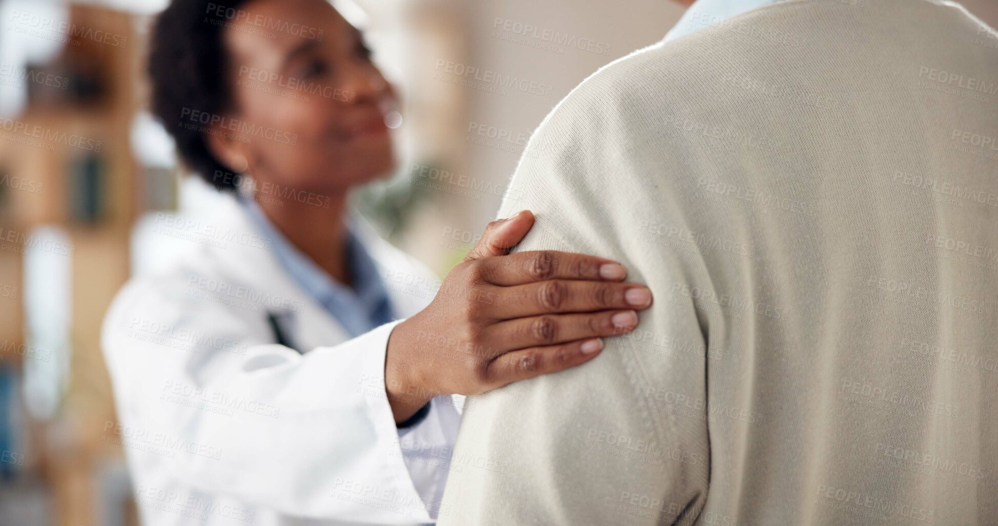 Buy stock photo Care, woman and doctor with hand on shoulder for advice, kindness and service in clinic consultation. Support, comfort and medical professional with patient for empathy, help and hospital healthcare