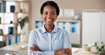 Buy stock photo Happy, black woman and portrait in office with arms crossed, about us at news agency. Journalist, professional writer and career pride at reporter job with smile from success at creative workplace