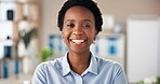 Happy, black woman and portrait in office with confidence, about us at news agency. Journalist, professional writer and career pride at reporter job with smile from success at creative workplace