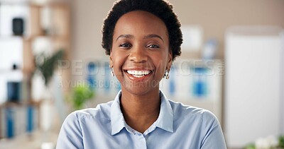 Buy stock photo Happy, black woman and portrait in office with confidence, about us and news agency. Journalist, professional writer and career pride for reporter job with smile from success at creative workplace