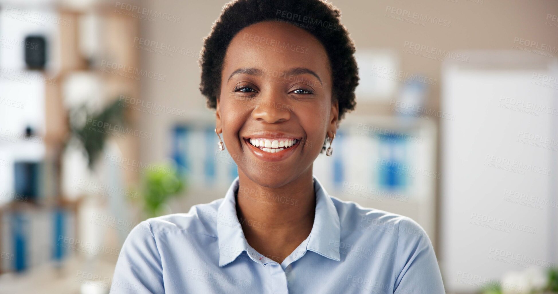 Buy stock photo Happy, black woman and portrait in office with confidence, about us and news agency. Journalist, professional writer and career pride for reporter job with smile from success at creative workplace