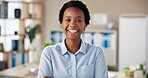 Smile, black woman and portrait in office with confidence, about us at news agency. Journalist, professional writer and career pride at reporter job and happy from success at creative workplace