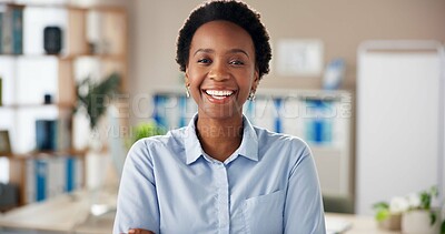 Buy stock photo Smile, black woman and portrait in office with confidence, about us at news agency. Journalist, professional writer and career pride at reporter job and happy from success at creative workplace