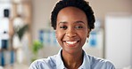 Happy, black woman and business portrait in office with confidence, about us at news agency. Journalist, professional and career pride at reporter job with smile from success at creative workplace