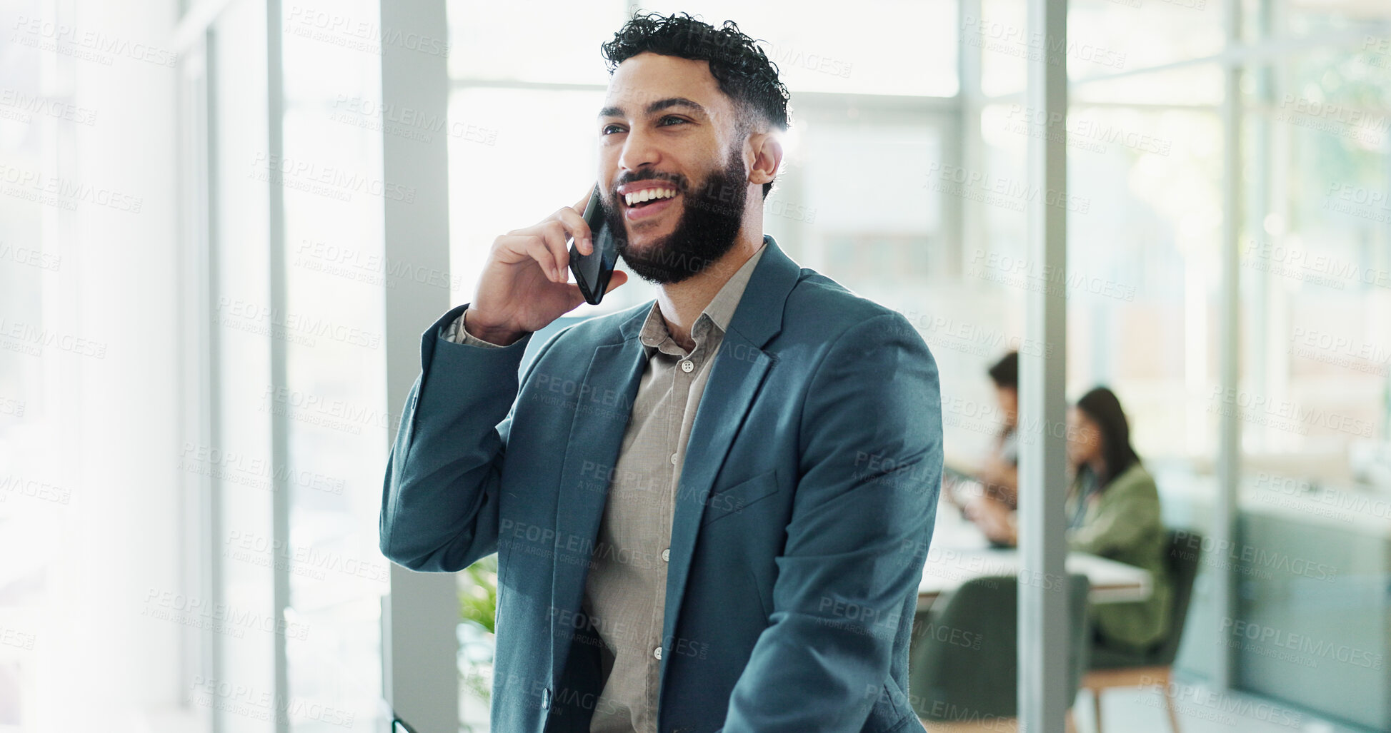 Buy stock photo Phone call, business and man in office, talking and conversation with network, funny and joy. Person, consulting agency and entrepreneur in workplace, smartphone and digital app for communication