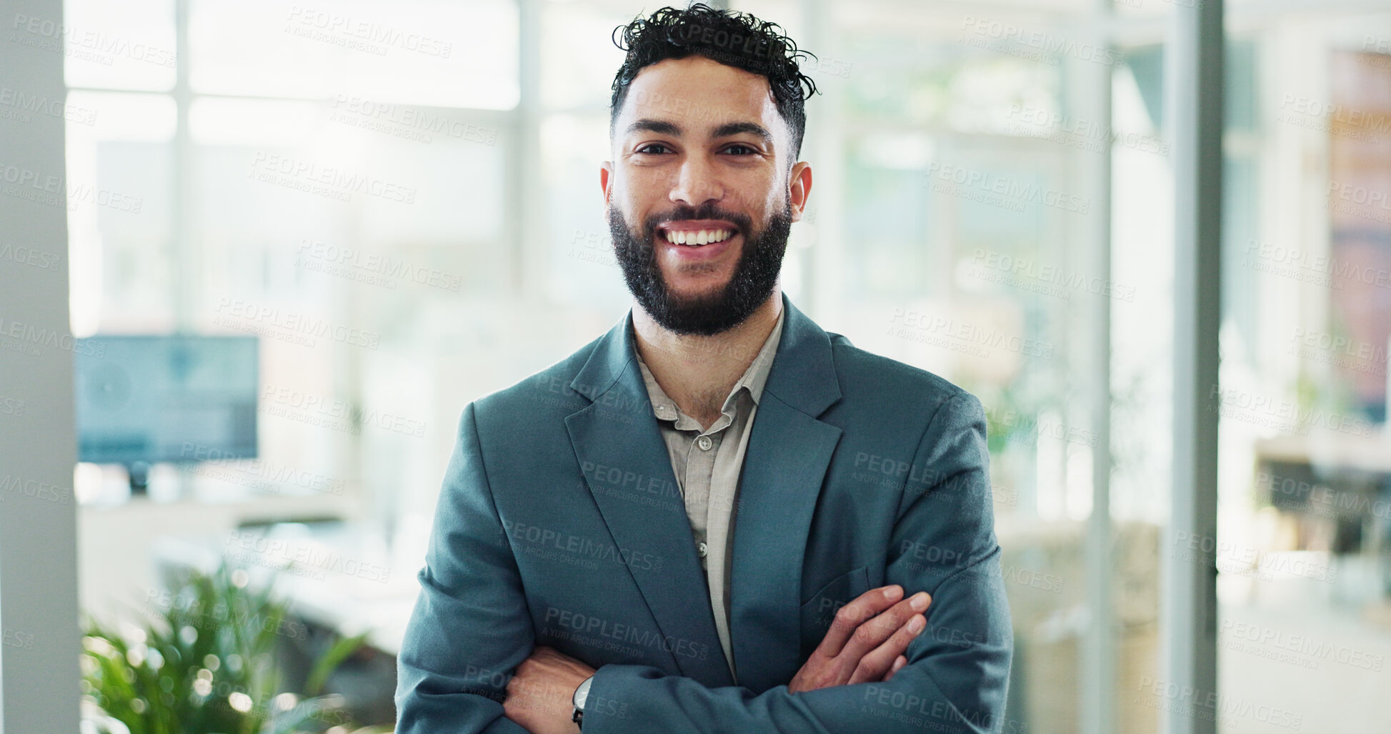 Buy stock photo Arms crossed, portrait and smile of business man in office for corporate career development. Confident, face and pride with happy Indian employee person in workplace for start of company internship