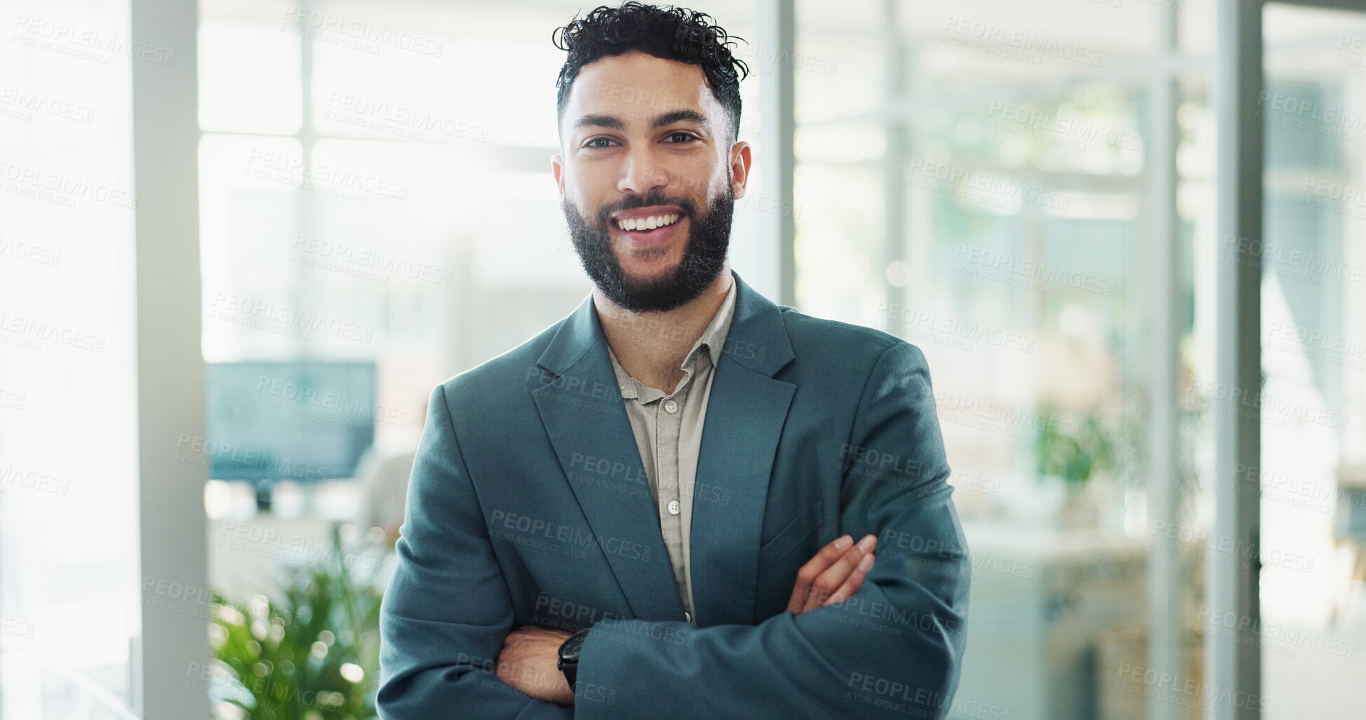 Buy stock photo Arms crossed, portrait and pride with business man in office for corporate career development. Confident, face and smile of happy Indian employee person in workplace for start of company internship