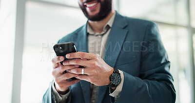 Buy stock photo Businessman, hands and phone in office for typing, good news and positive feedback in company. Corporate person, trader or mobile in lobby with connectivity, stock market profit or cryptocurrency app