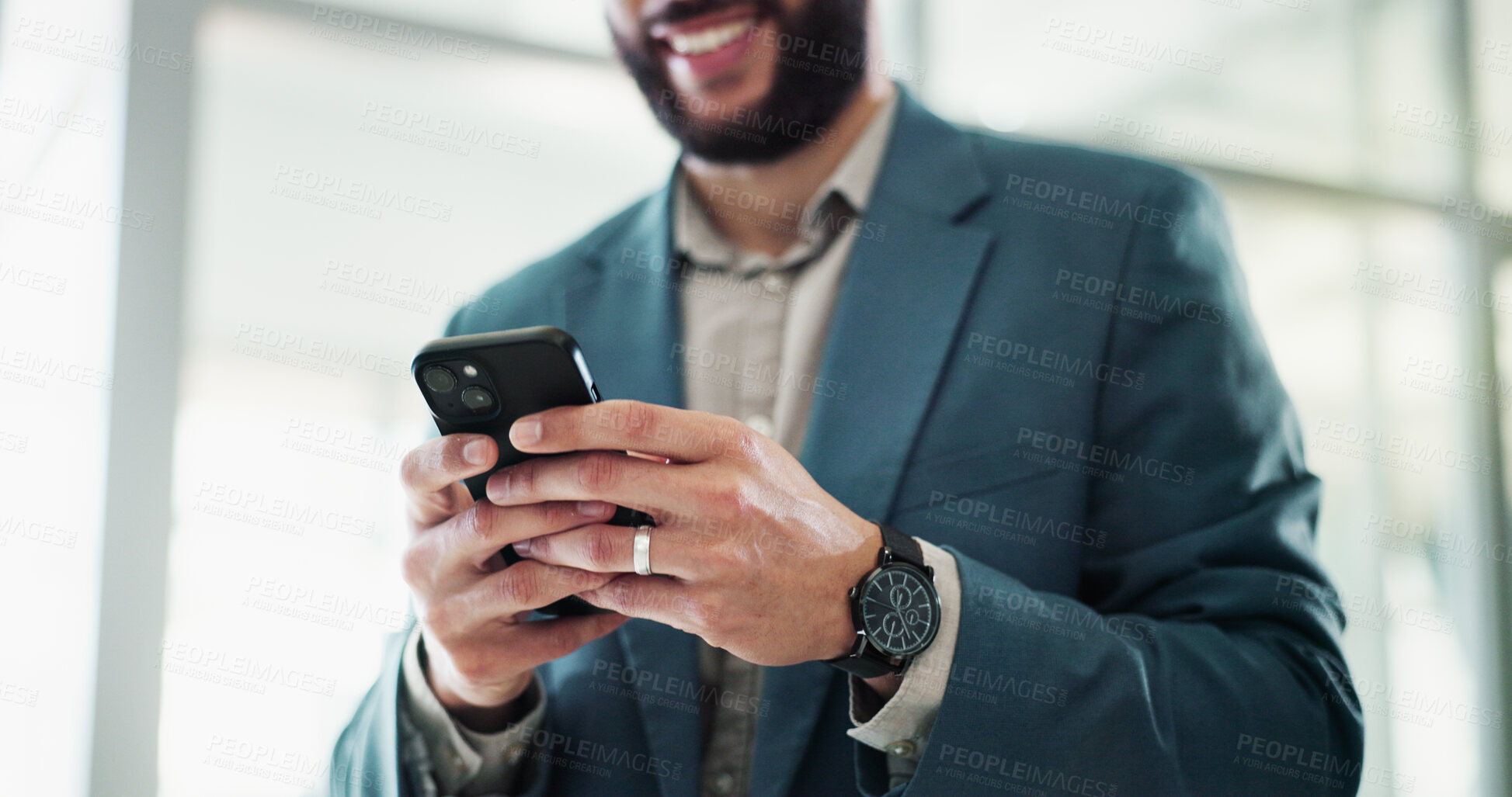 Buy stock photo Businessman, hands and phone in office for typing, good news and positive feedback in company. Corporate person, trader or mobile in lobby with connectivity, stock market profit or cryptocurrency app