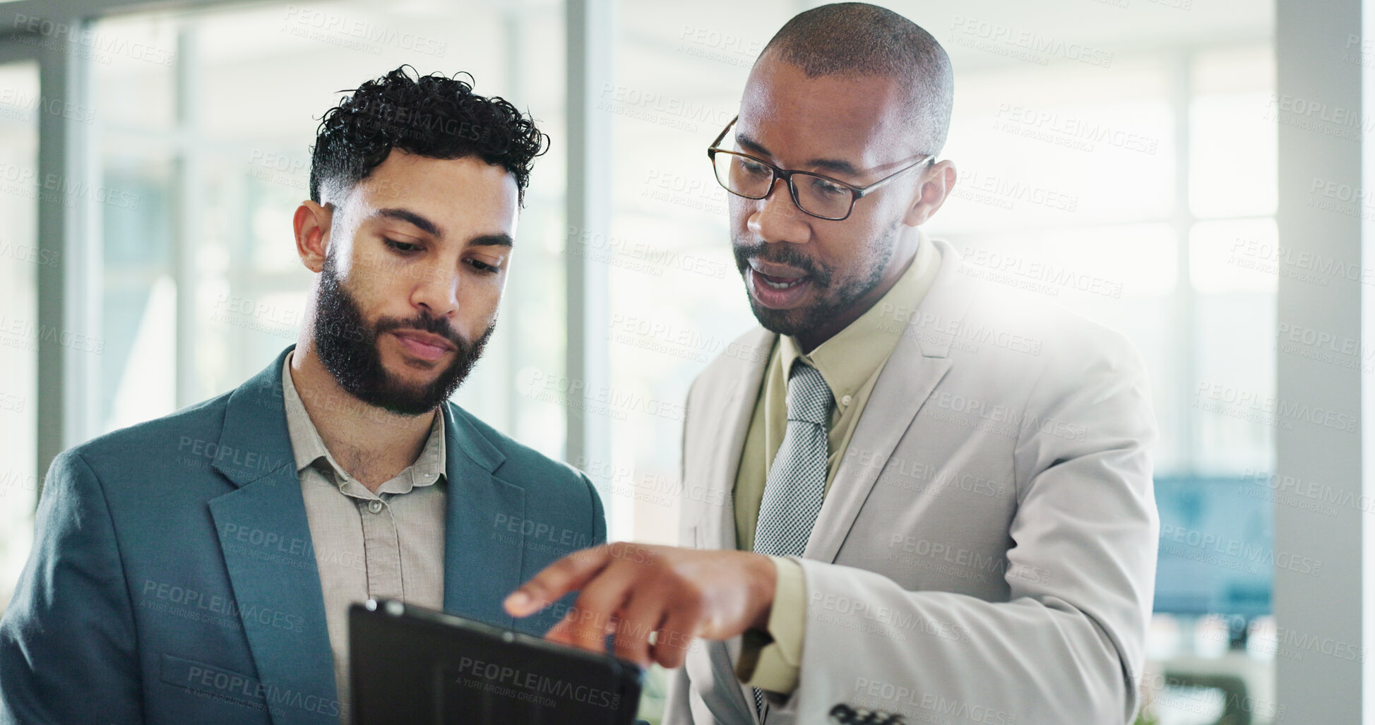 Buy stock photo Tablet, discussion and business men in office with research for break in finance stock market. Meeting, digital technology and male financial advisors with online revenue, profit or equity report.