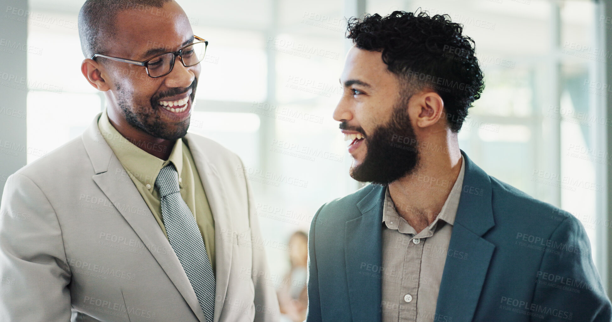 Buy stock photo Discussion, happy and business men in office with corporate collaboration for finance capital gain. Smile, conversation and male financial advisors with revenue planning for stakeholder partnership. 