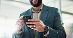 Man, hands or phone in office for business, good news or positive feedback in company. Corporate person, trader or tech in lobby with connectivity, stock market profit or typing in cryptocurrency app