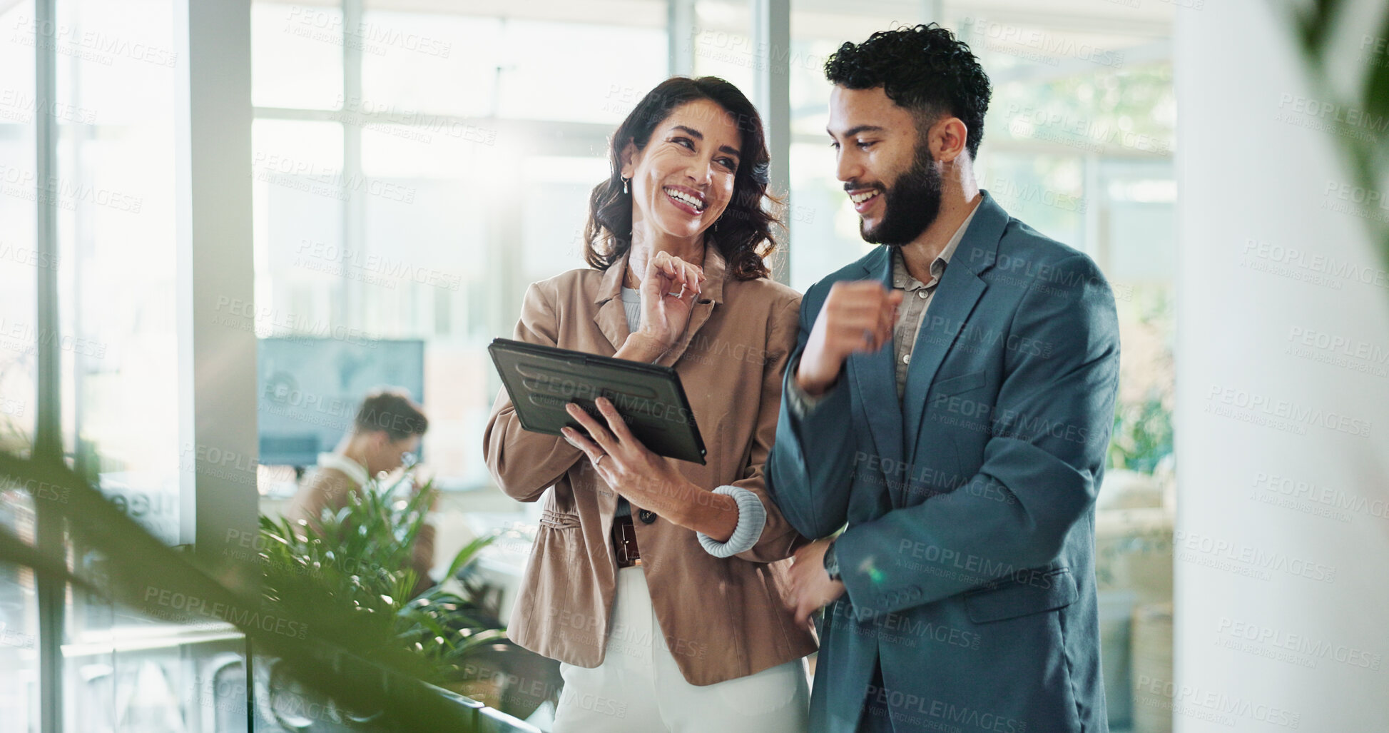 Buy stock photo Happy, business people and meeting with tablet for discussion, proposal or project plan at office. Businessman, woman or colleagues with smile on technology for company growth or ideas at workplace