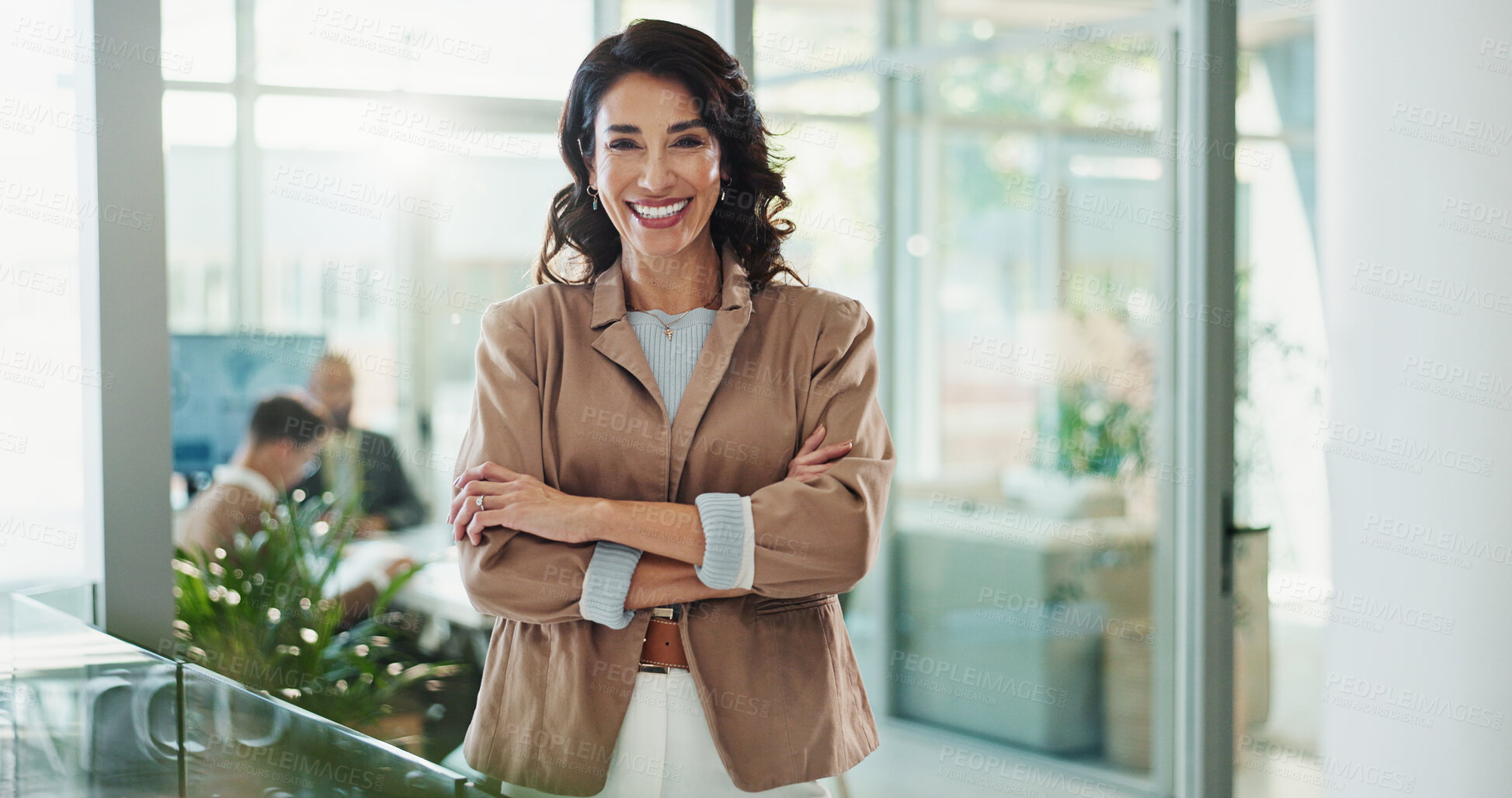 Buy stock photo Portrait, arms crossed or businesswoman in office with smile, professional career or confidence. Happy, about us or hr manager with ambition, experience or recruitment for corporate growth in England