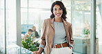 Portrait, confidence and businesswoman in office with smile, professional career and pride. Face, about us or happy hr manager with ambition, experience or recruitment for corporate growth in England