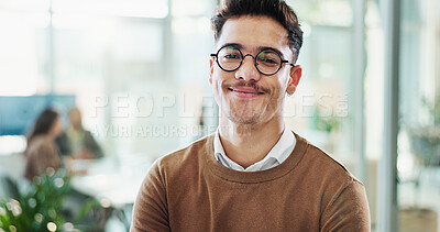 Buy stock photo Portrait, lawyer and career man with smile as professional, advisor and law firm in office. Male person, happiness and confidence as staff, legal representative and consultant in company or corporate