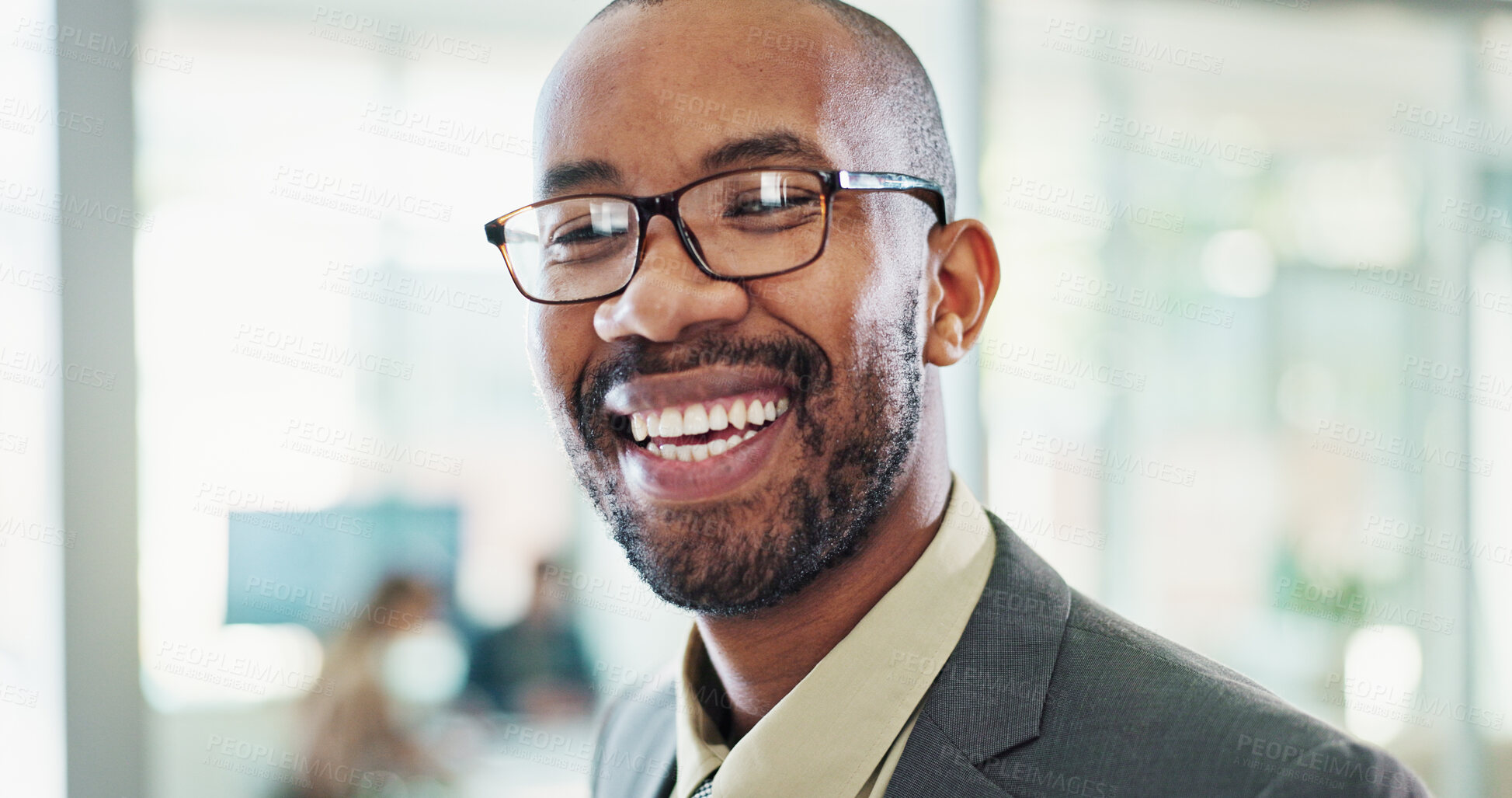 Buy stock photo Portrait, lawyer and black man with smile in office as professional, advisor and law firm. Male person, happiness and confidence as staff, legal representative and consultant in company or corporate