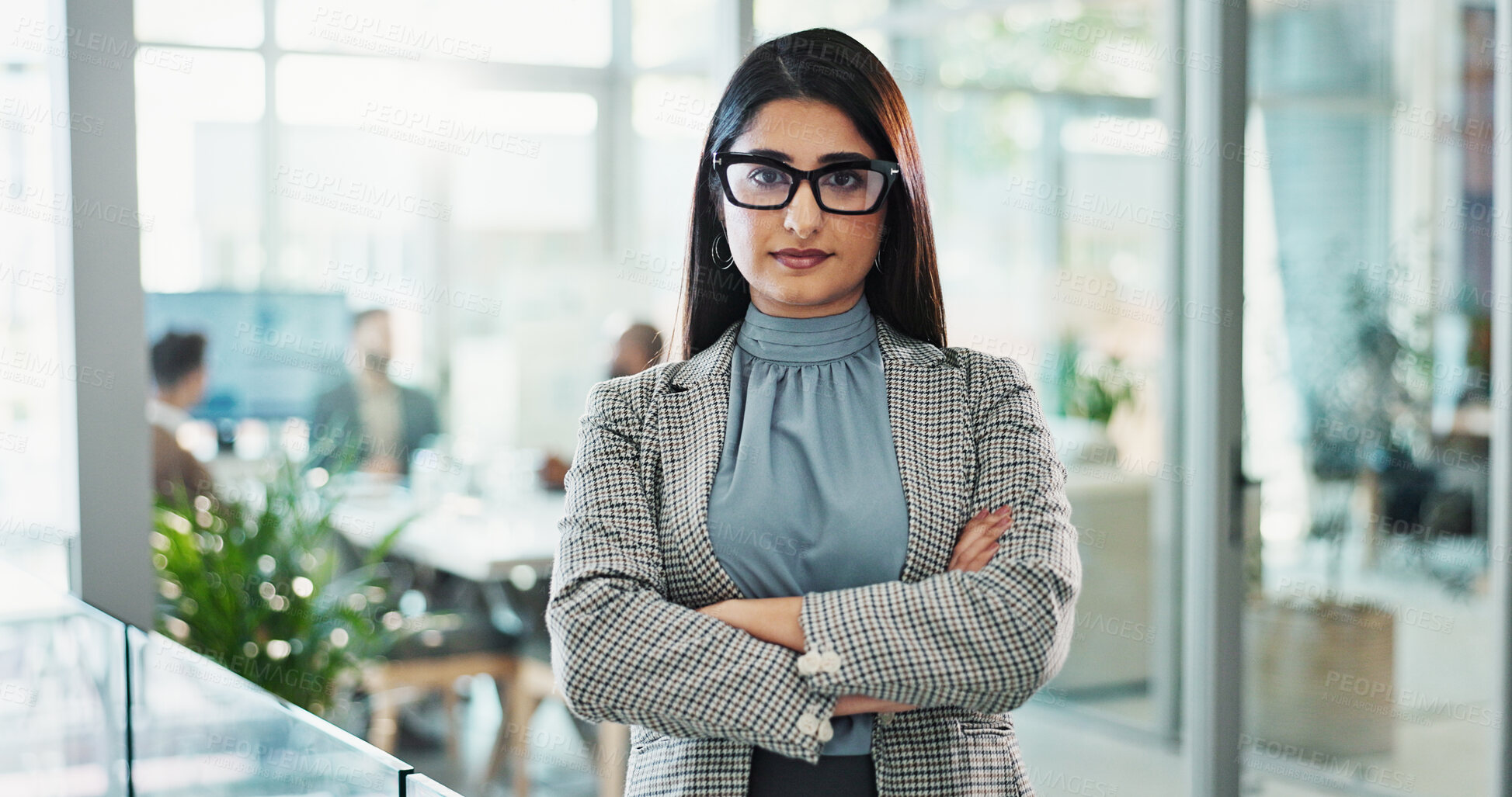 Buy stock photo Arms crossed, portrait and smile of business Indian woman in office for corporate career development. Confident, glasses and pride with serious employee person in workplace for professional job