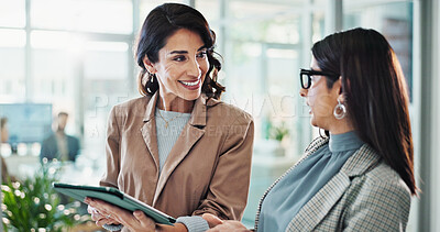 Buy stock photo Tablet, meeting and business women in office with research for break in finance stock market. Discussion, digital technology and female financial advisors with online revenue, profit or equity report