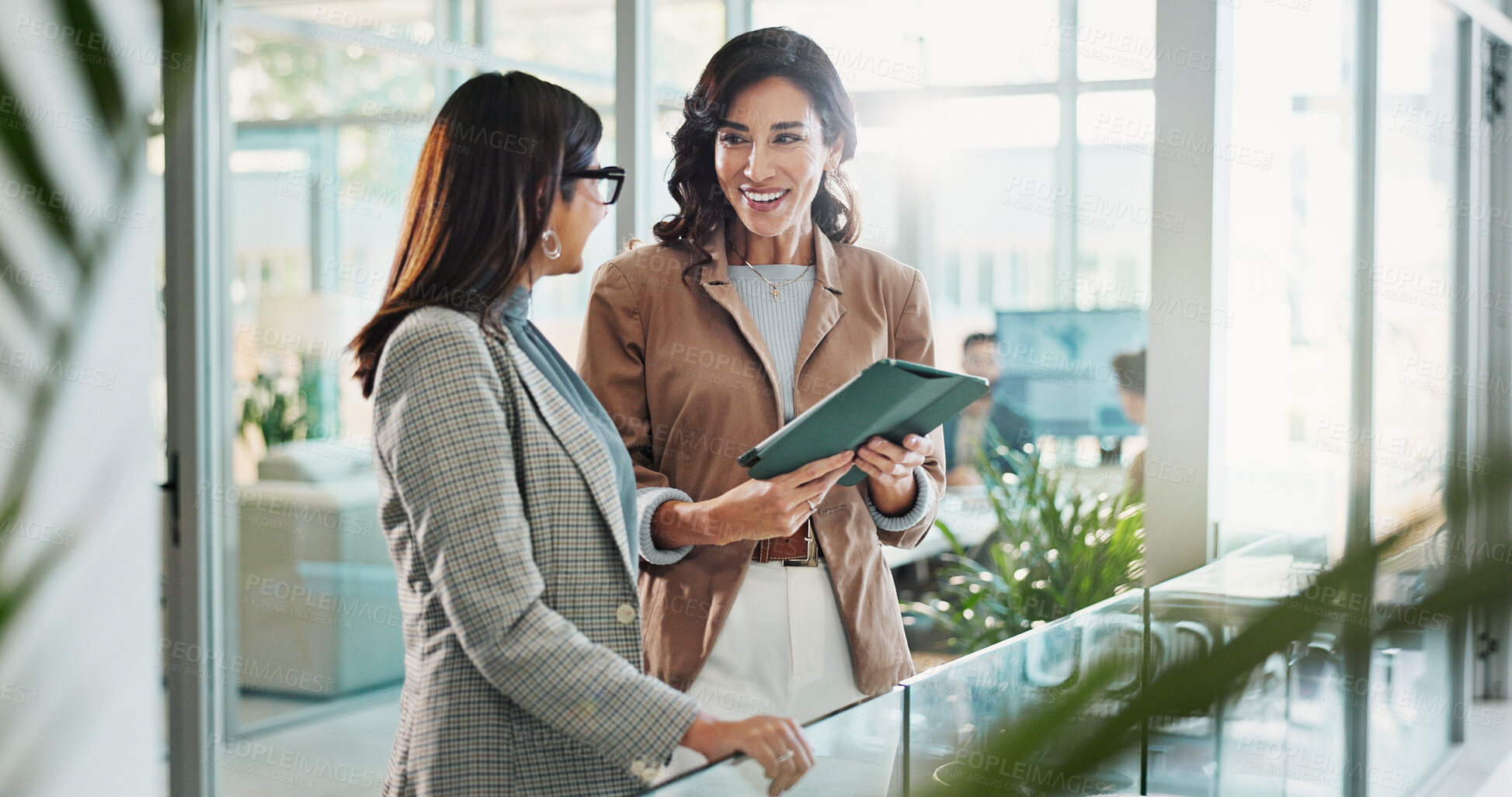 Buy stock photo Tablet, conversation and business people in office with research for break in finance stock market. Meeting, technology and female financial advisors with online revenue, profit or equity report.